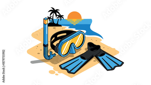 Snorkeling gear on beach with sunset and palm trees in vibrant cartoon style