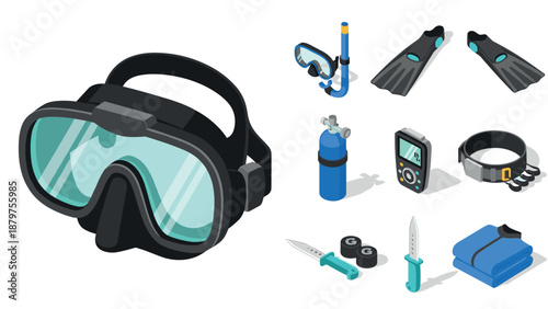Diverse isometric scuba diving equipment set with snorkel, mask, and fins