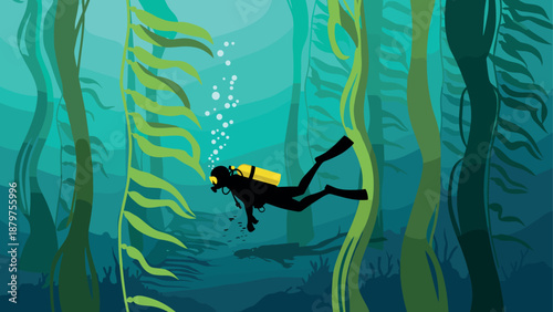 Diver exploring underwater kelp forest in silhouette style