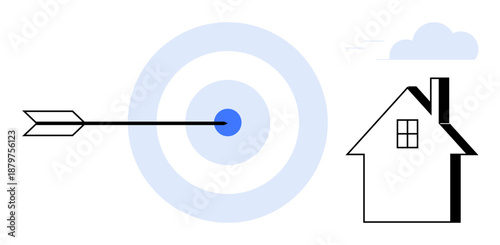 Goal-setting, precision, home buying, real estate, achievement, strategy. Arrow hitting bullseye next to house graphic. Precision and home buying concepts for strategic goals