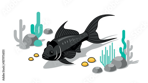 Isometric black fish swimming among abstract rock and seaweed elements