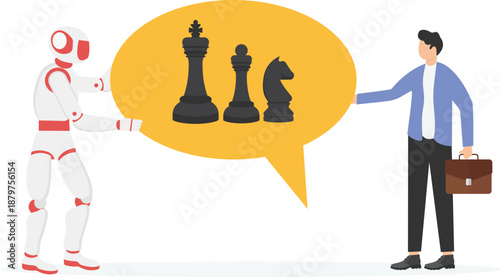 Robot Presenting Chess Strategy in Speech Bubble