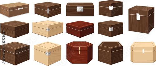 Wooden box icon set with latches, hinges, and shapes, vector illustration, editable design, isolated packaging and storage symbols