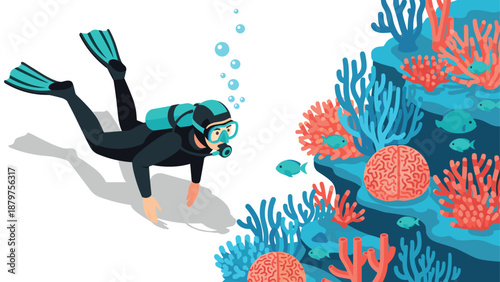 Diver exploring vibrant coral reef in isometric design