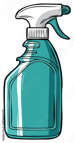 Teal spray bottle with white trigger and sprayer mechanism for cleaning or other liquid dispensing