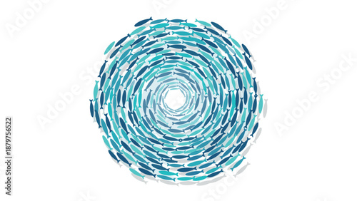 Swirling school of fish in circular formation on white background