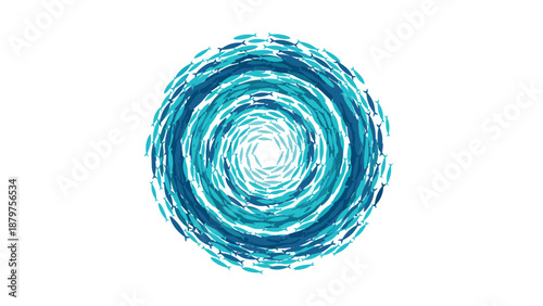 Dynamic aquatic spiral: blue fish swirl in circular motion