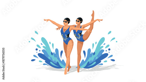 Artistic synchronized swimming with dynamic water splash in flat design