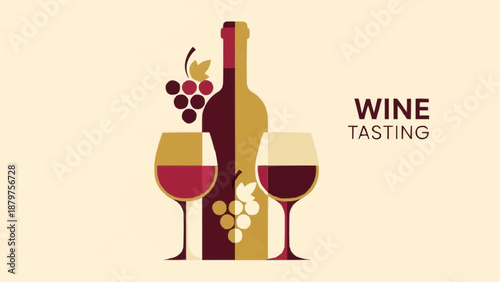 A stylized illustration depicts a wine bottle two glasses and grapes promoting a wine tasting event
