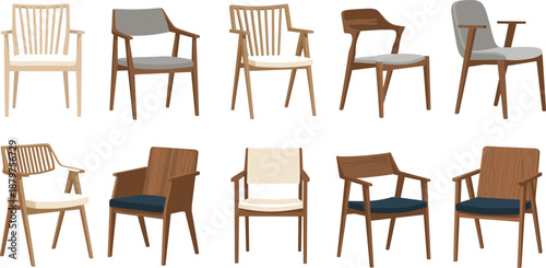 Wooden chair icon set with diverse styles, furniture design vector illustration, editable layout, isolated interior decor symbols