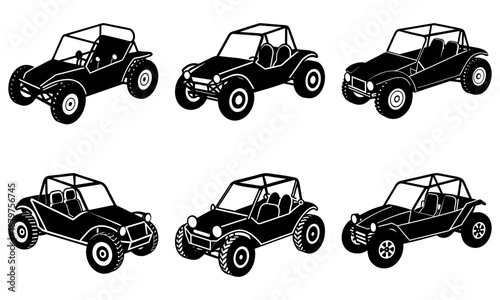 Six Black Dune Buggies Silhouettes on White Background dune buggy