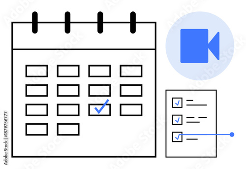 Time management, scheduling, productivity, task planning, video calls, remote work. A calendar with checked dates, a checklist and a video call icon. Time management and scheduling concept
