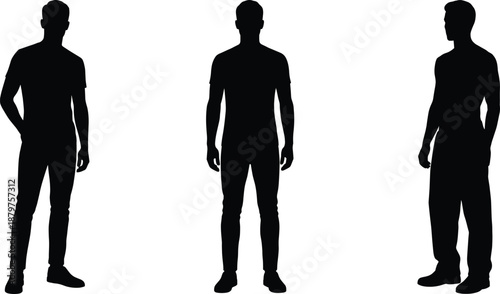 Three black human silhouettes in standing poses, side and front views, ideal for body language studies, animation reference, character design, and visual storytelling.
