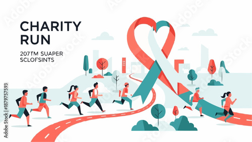 Charity run event illustration depicts people running for a cause supported by a red ribbon symbol