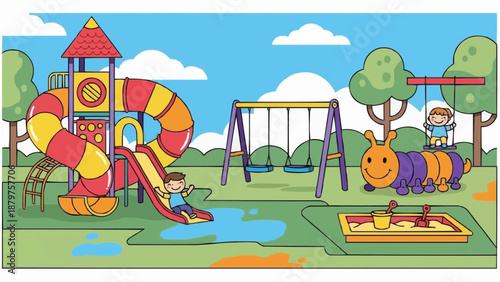 A vibrant children s playground scene depicts a slide swings sandbox and whimsical caterpillar ride filled with joyful activity
