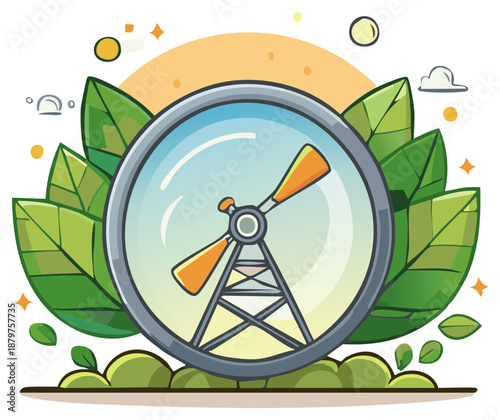 Stylized weather station inside magnifying glass surrounded by nature elements, cartoon weather, illustration, vector graphics