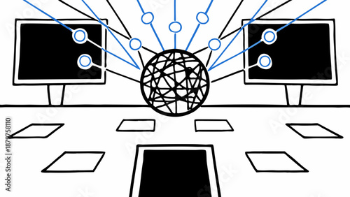 A vector illustration showcasing a professional business technology concept featuring a computer monitor with a mouse and satellite connected to a global network of web icons and social communication 