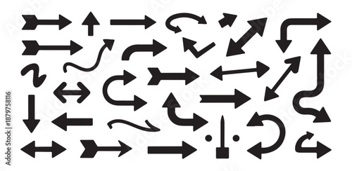 Collection of black arrow icons pointing in various directions and styles on white background vector set