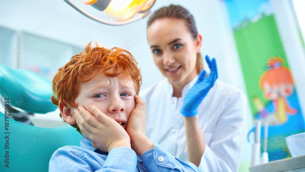 Obraz premium A young boy with curly red hair looks scared while sitting in a dental chair. The dentist, wearing gloves, prepares to examine him. Dental anxiety in children.