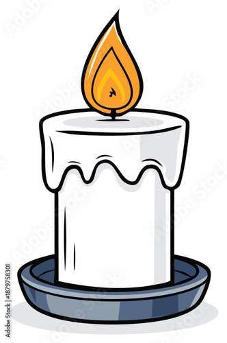 Simple cartoon illustration of a white candle with a burning flame on a dark plate