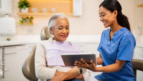 A dentist in blue scrubs shows a senior patient information on a tablet during a dental consultation. Modern dental care experience.
