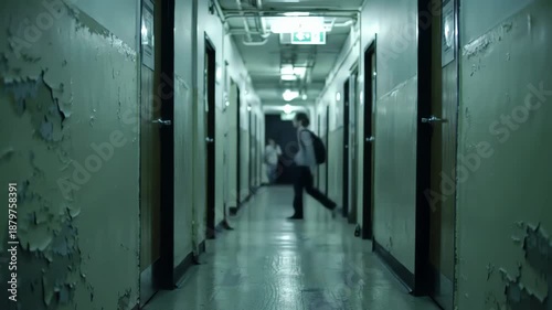 Creepy Hallway with Silhouetted Figures and Peeling Paint.