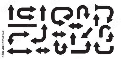 Large collection of bold vector arrows showing turns double directions connecting paths and various thick black curved navigation symbols