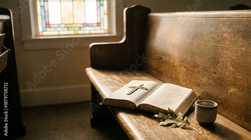 Open bible on wooden church pew with soft stained glass window light and cross
