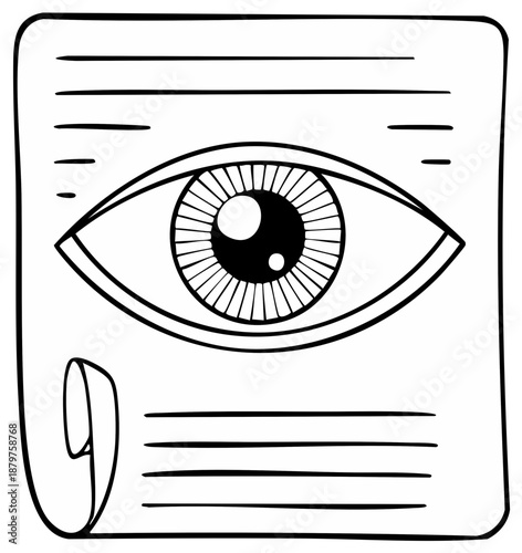 Symbolic eye illustration on a scroll of paper with text, black and white