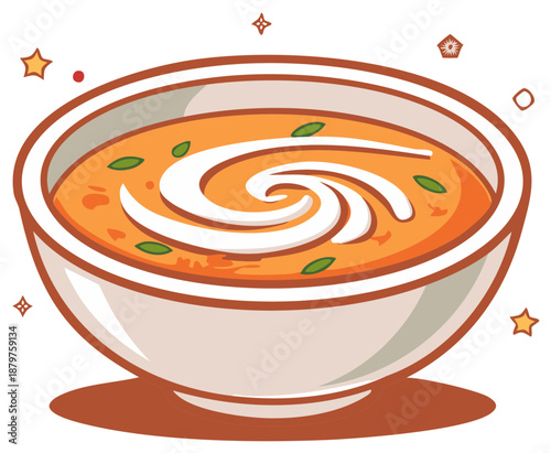 Bowl of hearty soup with cream swirl and green garnish