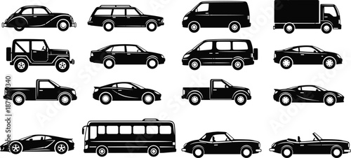 Vehicle silhouette icon set, diverse automobile types vector illustration, editable design, isolated transportation and car category symbols
