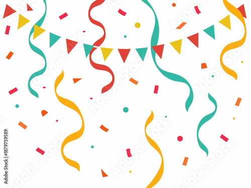 Colorful confetti and festive banners create a celebratory and joyful atmosphere