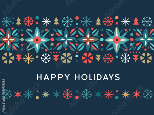 Festive holiday pattern with snowflakes stars and a happy holidays greeting