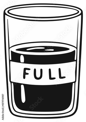 Full Glass Container with Liquid and Label Depicting Completeness in Line Art
