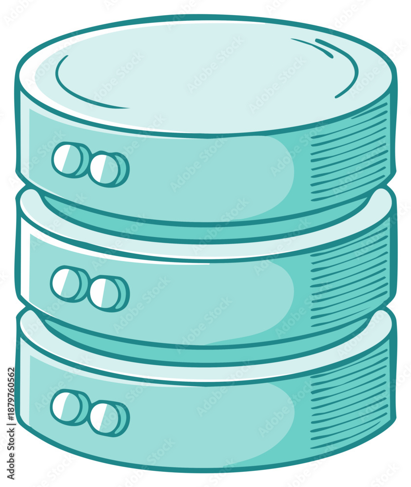 Obraz premium Cartoon stack of three turquoise database servers with round indicators