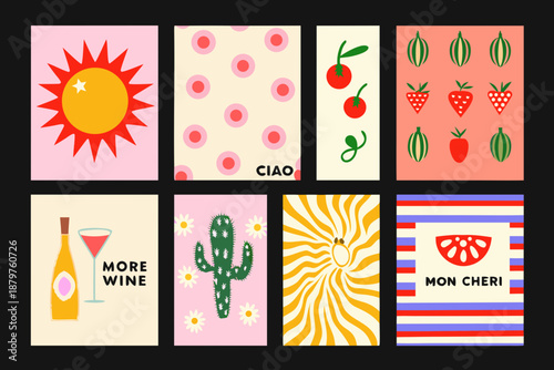 Colorful retro style graphic design featuring fruits plants and decorative elements