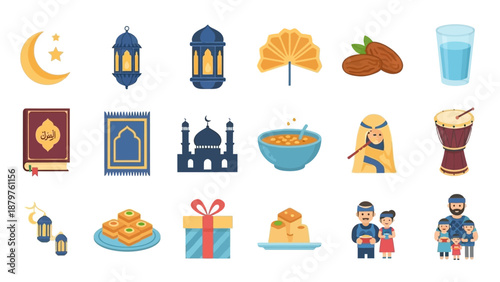 Vibrant Collection of Islamic Holiday Icons Depicting Ramadan and Eid Al-Fitr Celebrations, Featuring Traditional Elements and Family Gatherings