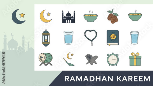 Ramadhan Kareem icons set featuring Islamic symbols, mosque, moon, lantern, Quran, prayer beads, and festive elements for celebration