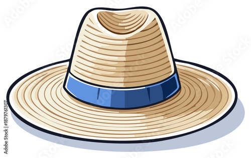 Classic woven straw hat featuring a vibrant blue band ideal for tropical travel and warm weather fashion