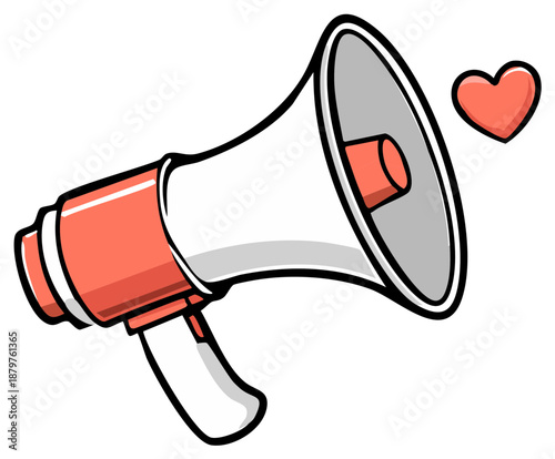 Coral and white megaphone broadcasting a pink heart with cartoon style illustration and white background