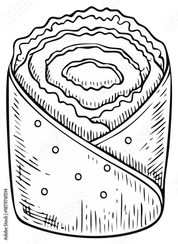 Hand Drawn Shawarma Wrap with Filling Illustration Street Food Black and White Sketch