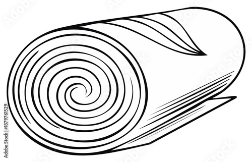 Rolled up yoga mat or sleeping bag with spiral pattern, black and white line art illustration