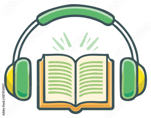 Cartoon Illustration of Open Book and Headphones