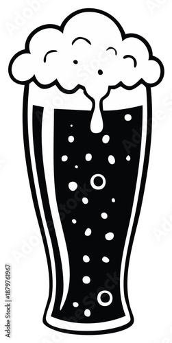 Stylized black and white illustration of a tall glass filled with dark beer and overflowing with foam