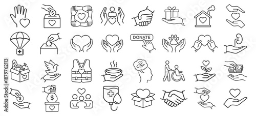Charity donation icon set. Volunteer support symbols with heart, hands, money, blood, food, shelter and firstaid. Outline vector icons on transparent background