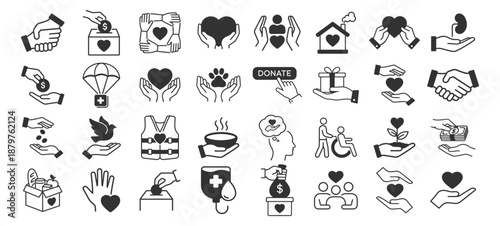 Charity and donation icon set. Volunteer help, support, assistance, sharing and solidarity symbols. Solid vector collection on transparent background