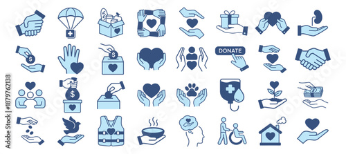 Charity and donation icon set. Volunteer help, fundraising, nonprofit, heart, hands, sharing and humanitarian support. Outline vector collection on transparent background