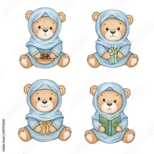 A cheerful cartoon teddy bear with a big smile in ramadhan