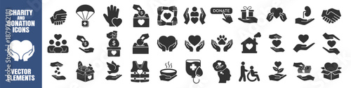 Charity and donation icon set. Volunteer help, support, assistance, sharing and solidarity symbols. Solid vector collection on transparent background
