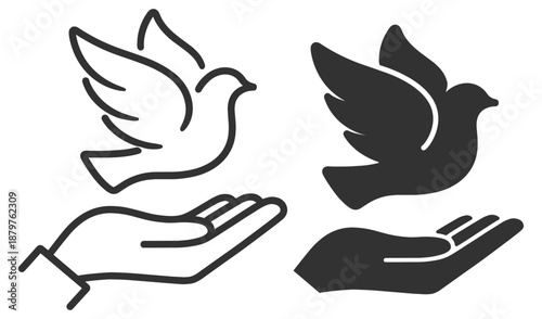 Peace dove icon set. Flying bird and hand symbols, freedom, hope, solidarity and kindness. Editable outline vector icons on transparent background